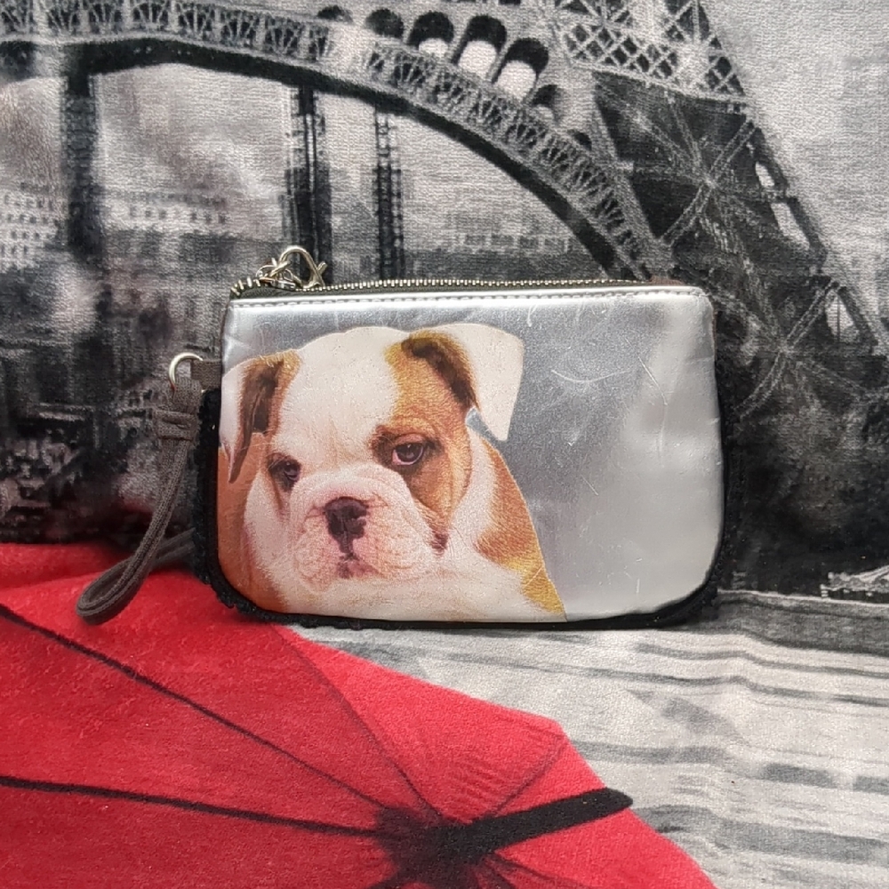 Fuzzy Small Silver And Black Cloth Or Slides A Few Nation Puppy Bulldog Wristlet